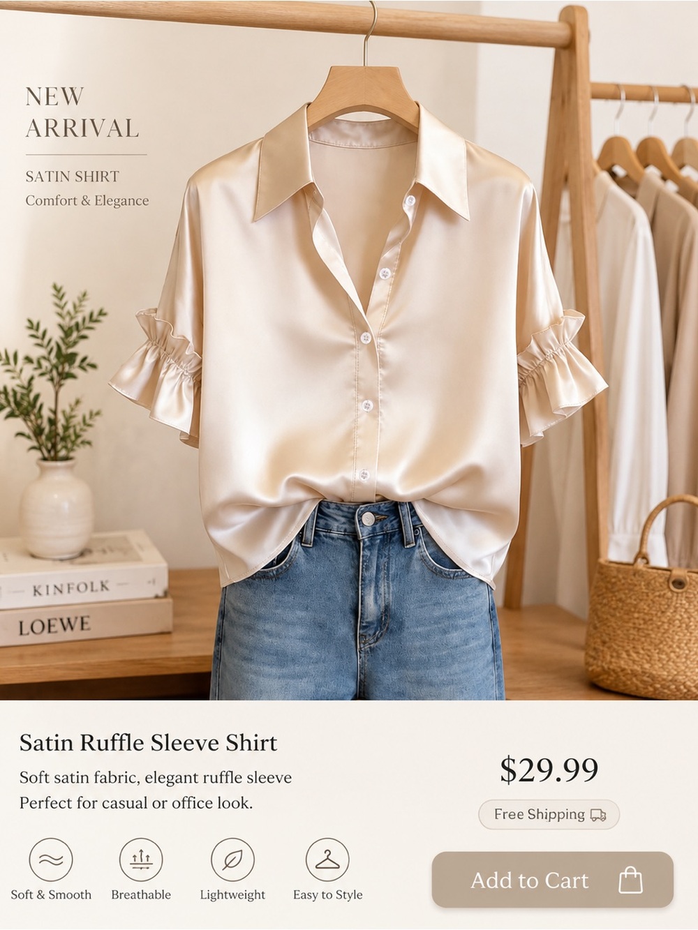 Satin Ruffle Sleeve Blouse - Cream
